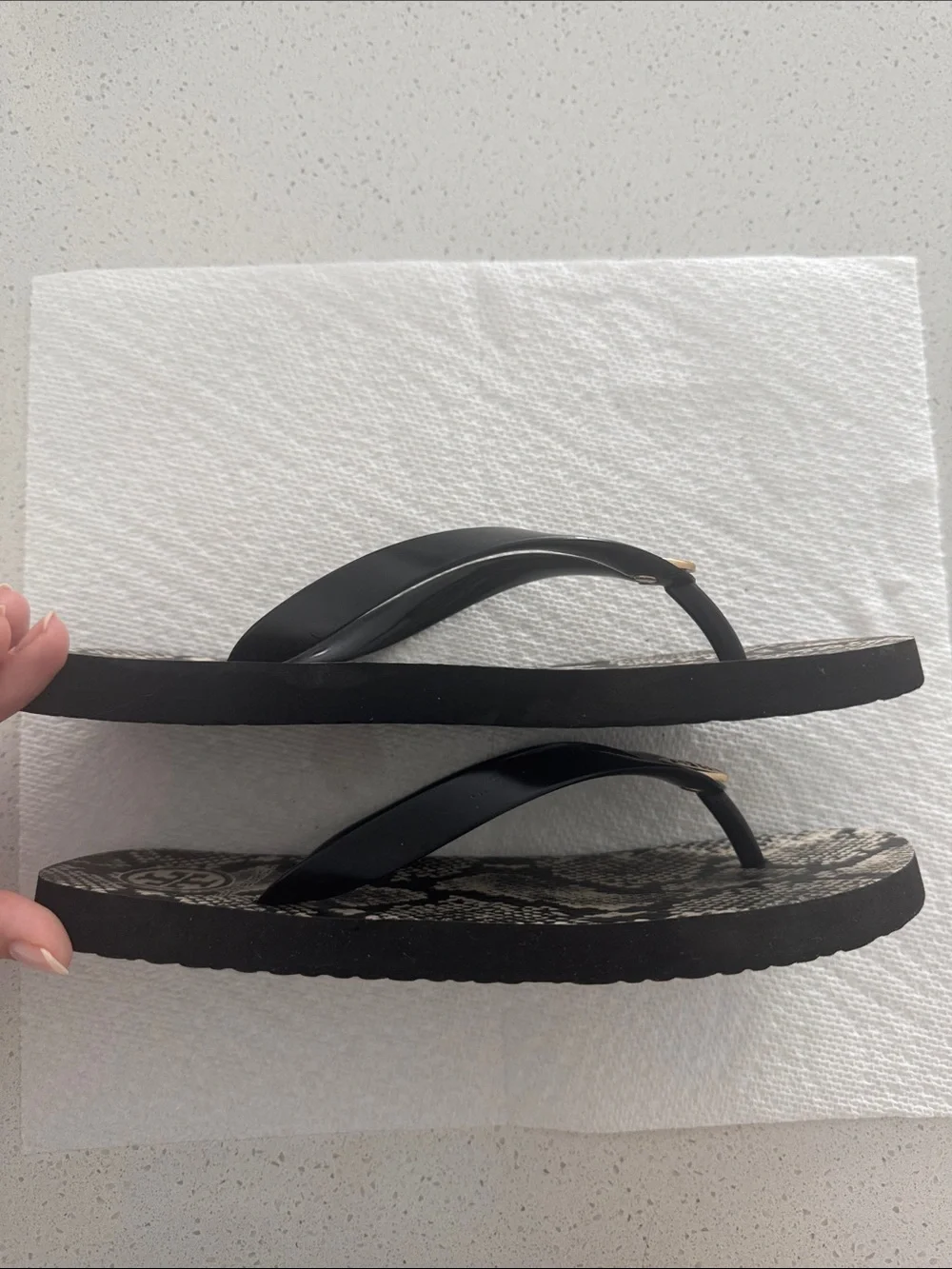 Tory Burch Black & Cream Snake-Print Thong Sandals with Gold Logo